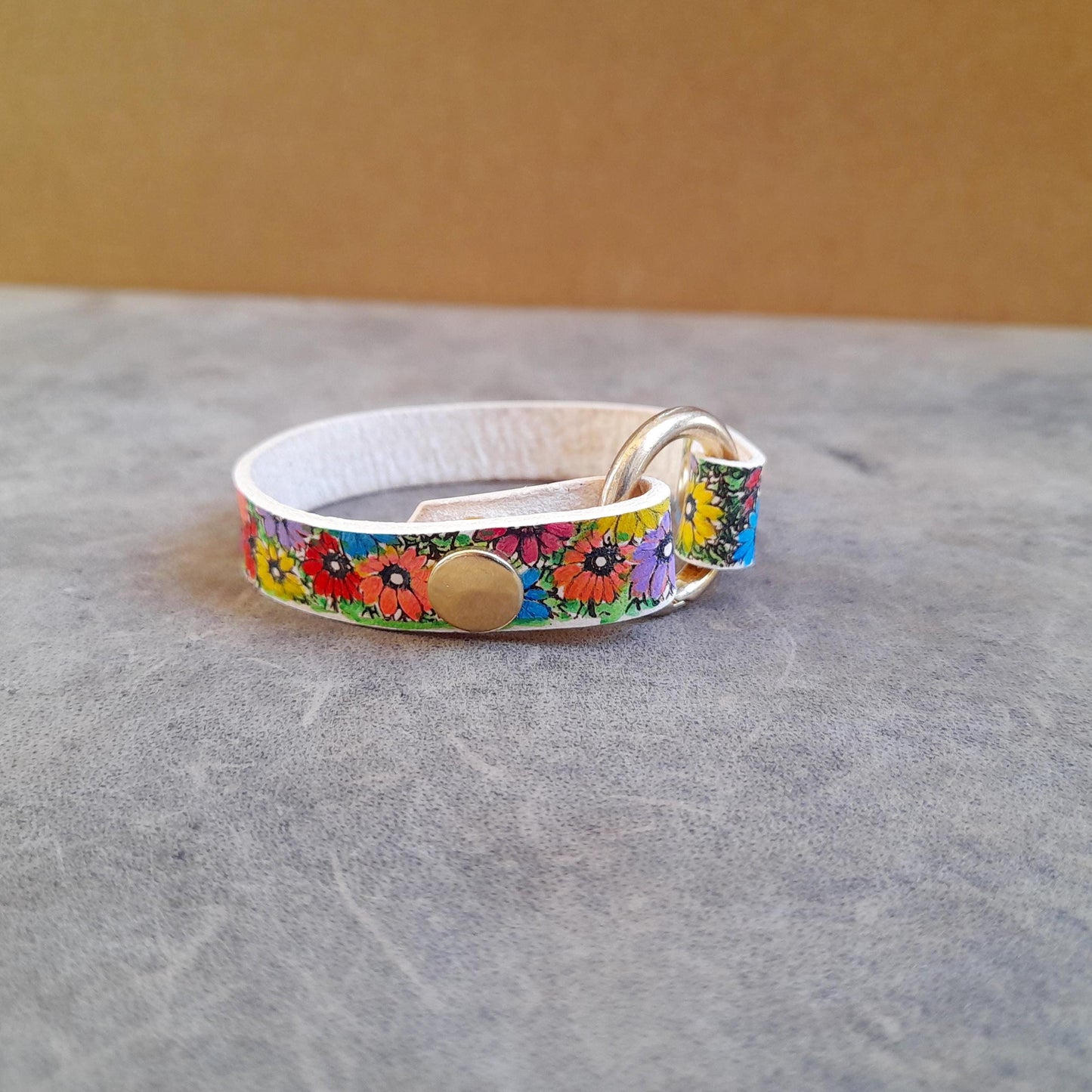 Colorful Hand Painted Floral Ring Holder Leather Bracelet