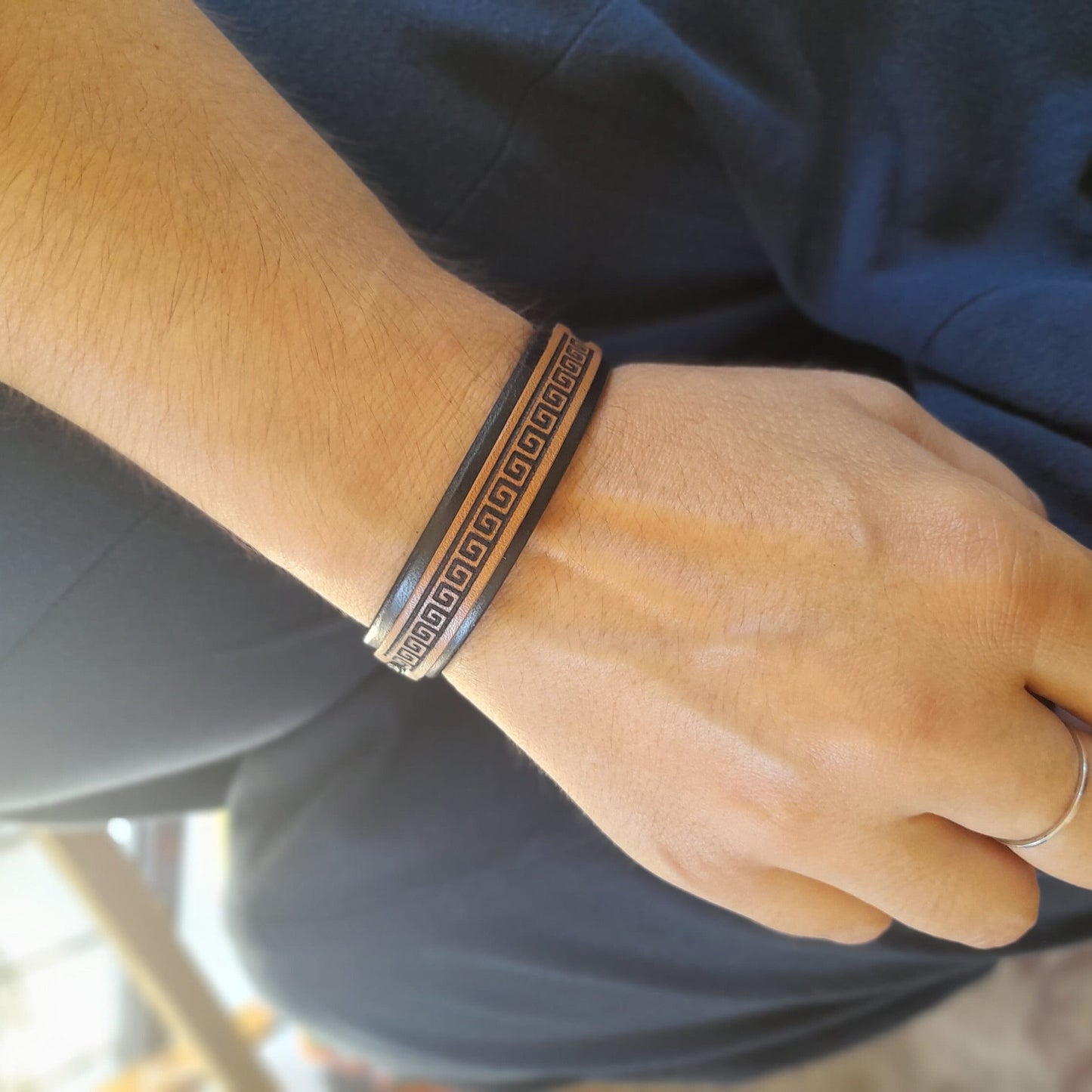 Minimalist Meander Black Leather Bracelet