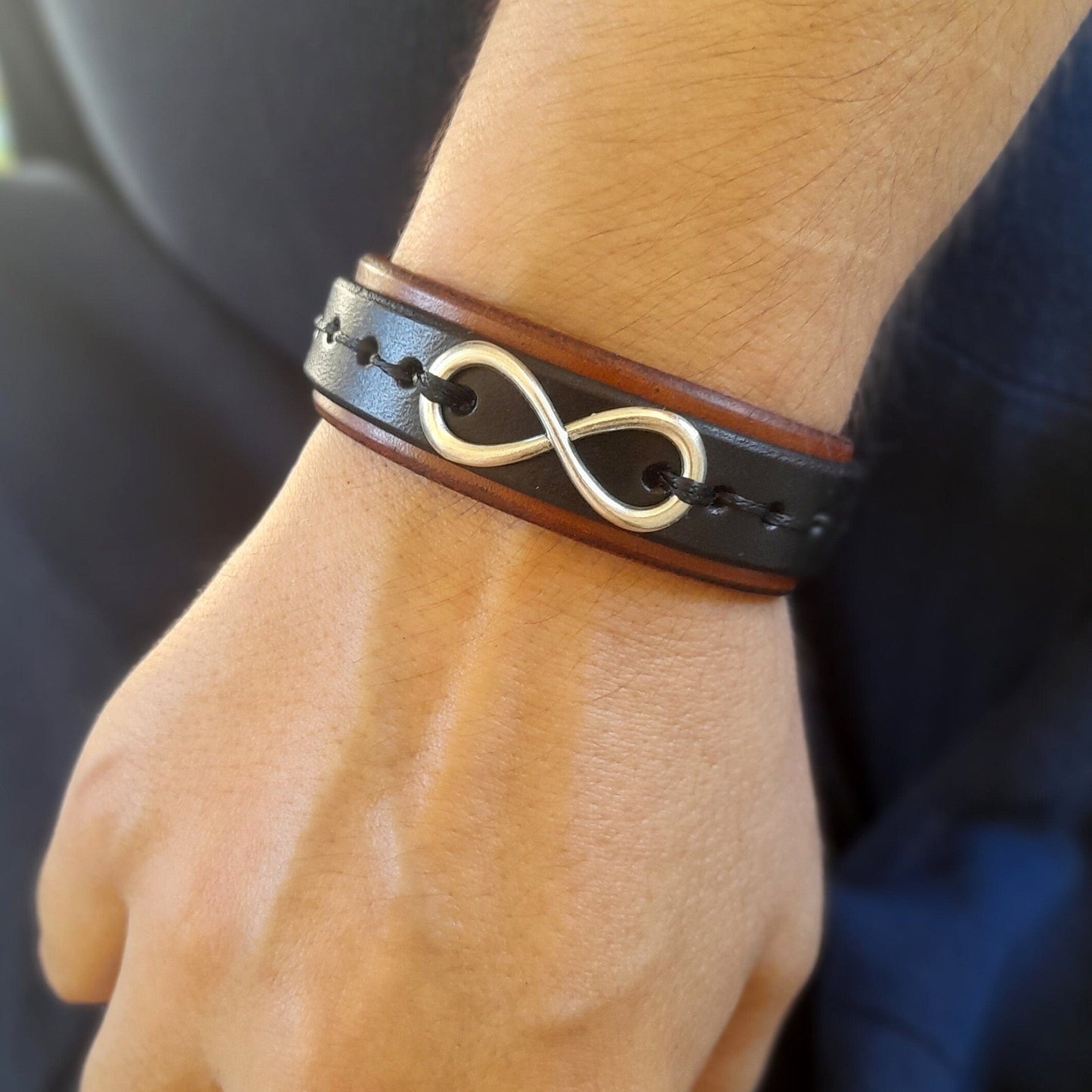 Brown Black Layered Leather Bracelet with Silver Infinity Symbol