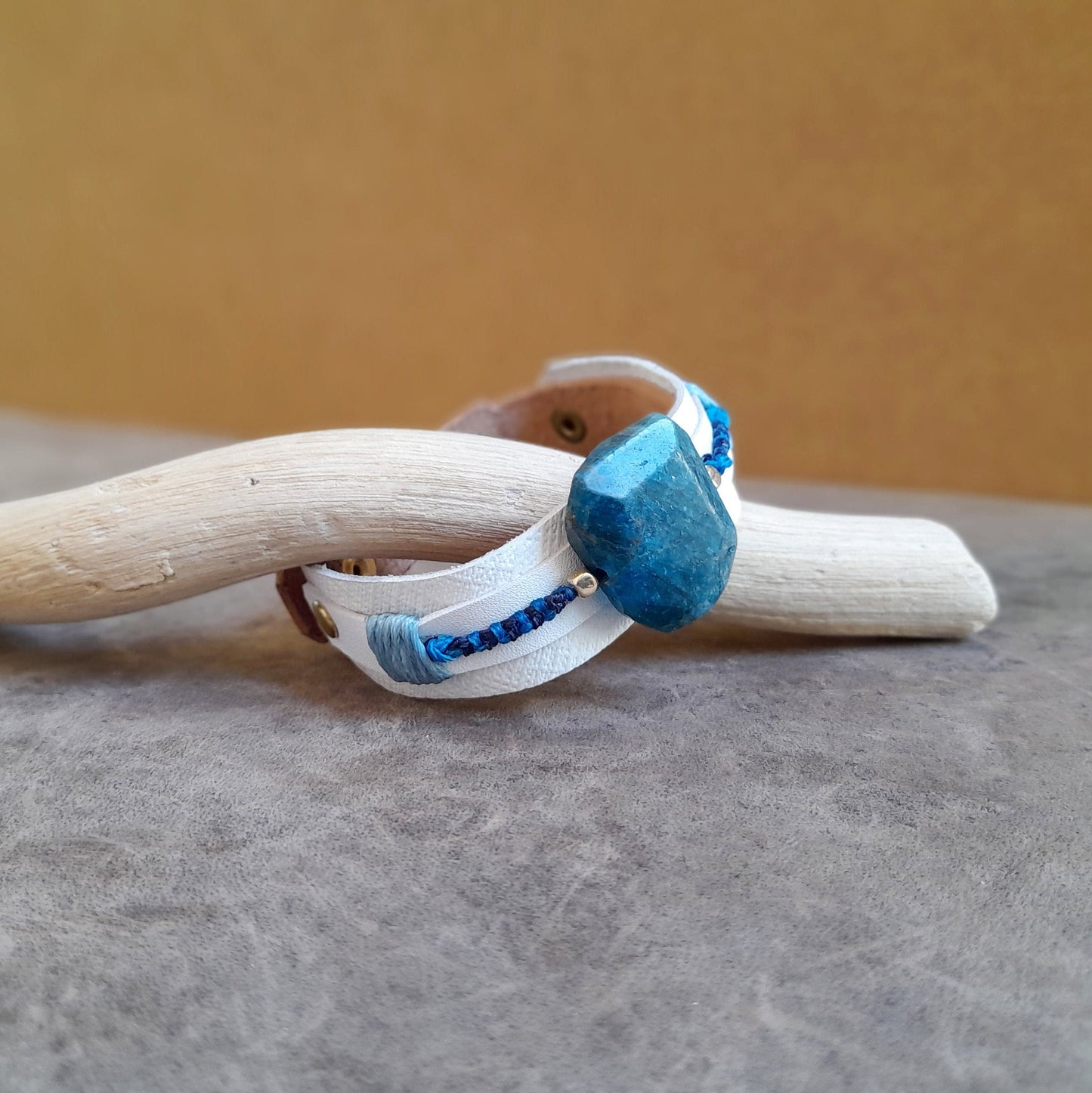 Natural Raw Apatite White Leather Bracelet