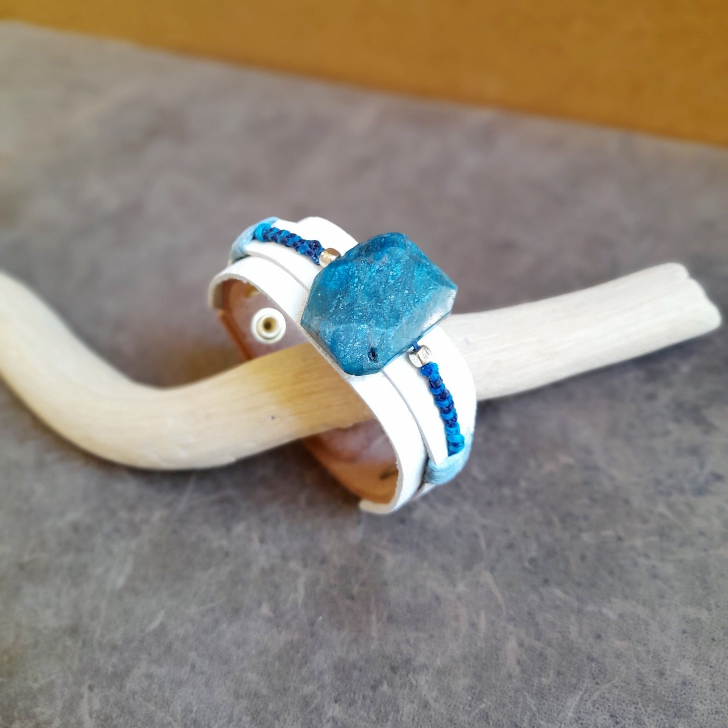 Natural Raw Apatite White Leather Bracelet