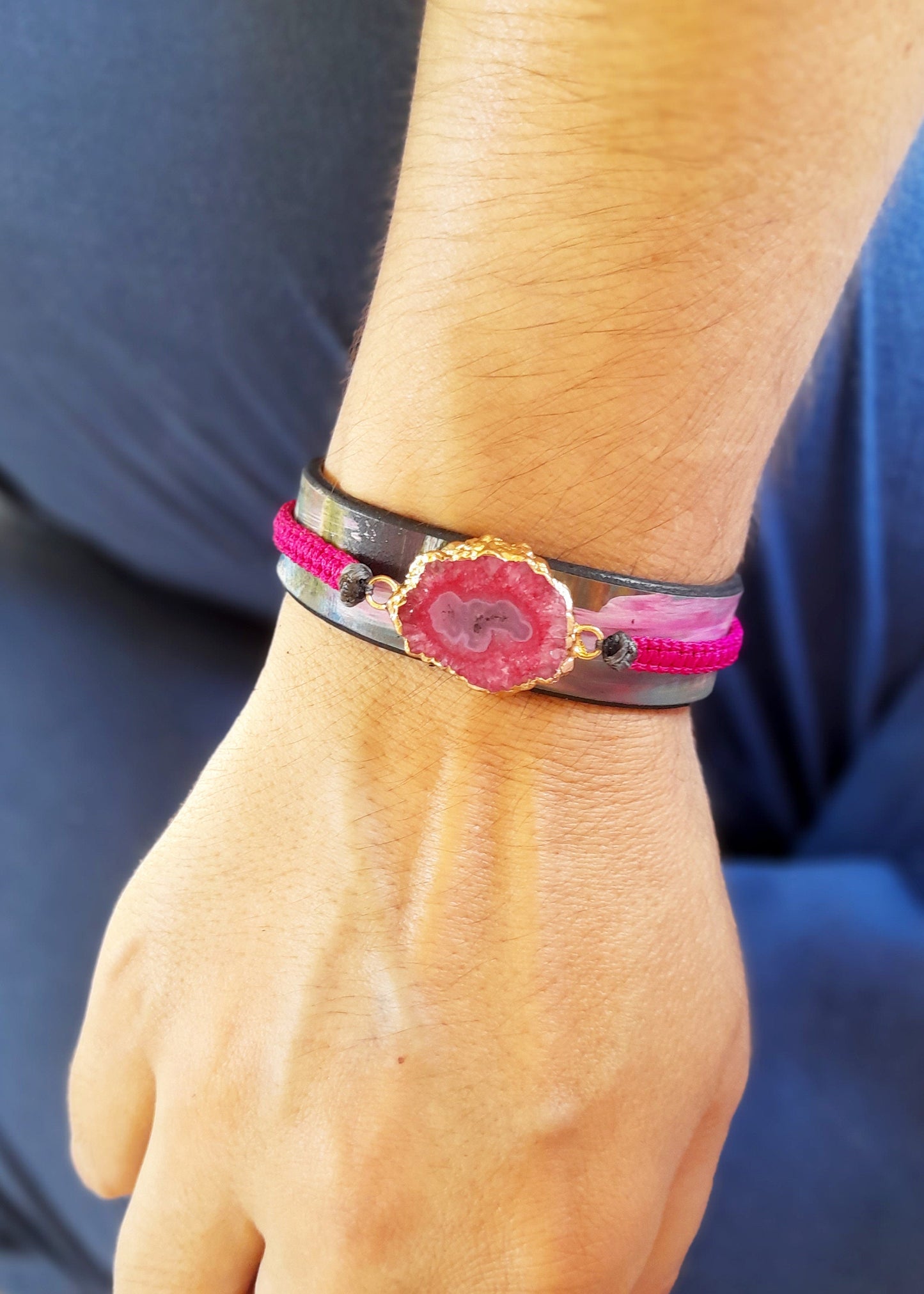 Natural Pink Druzy Agate Leather Bracelet