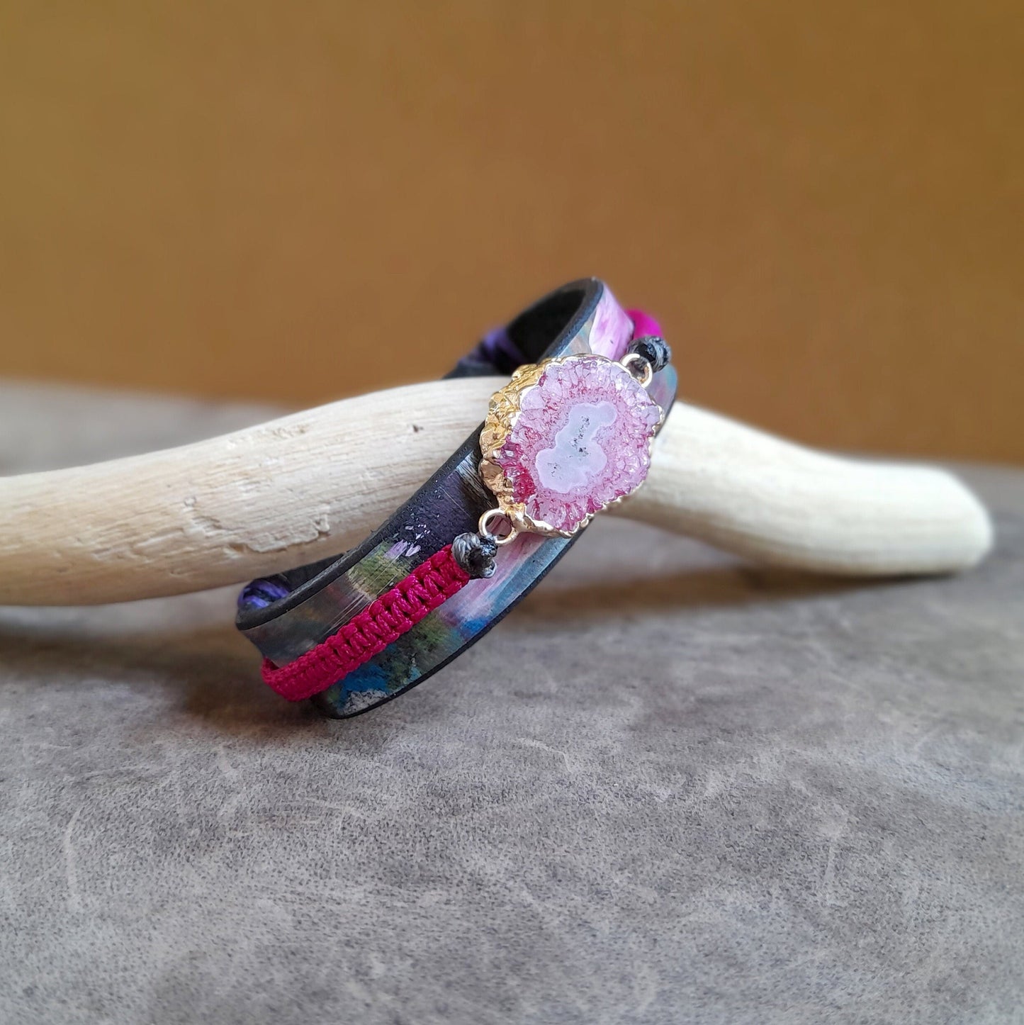 Natural Pink Druzy Agate Leather Bracelet