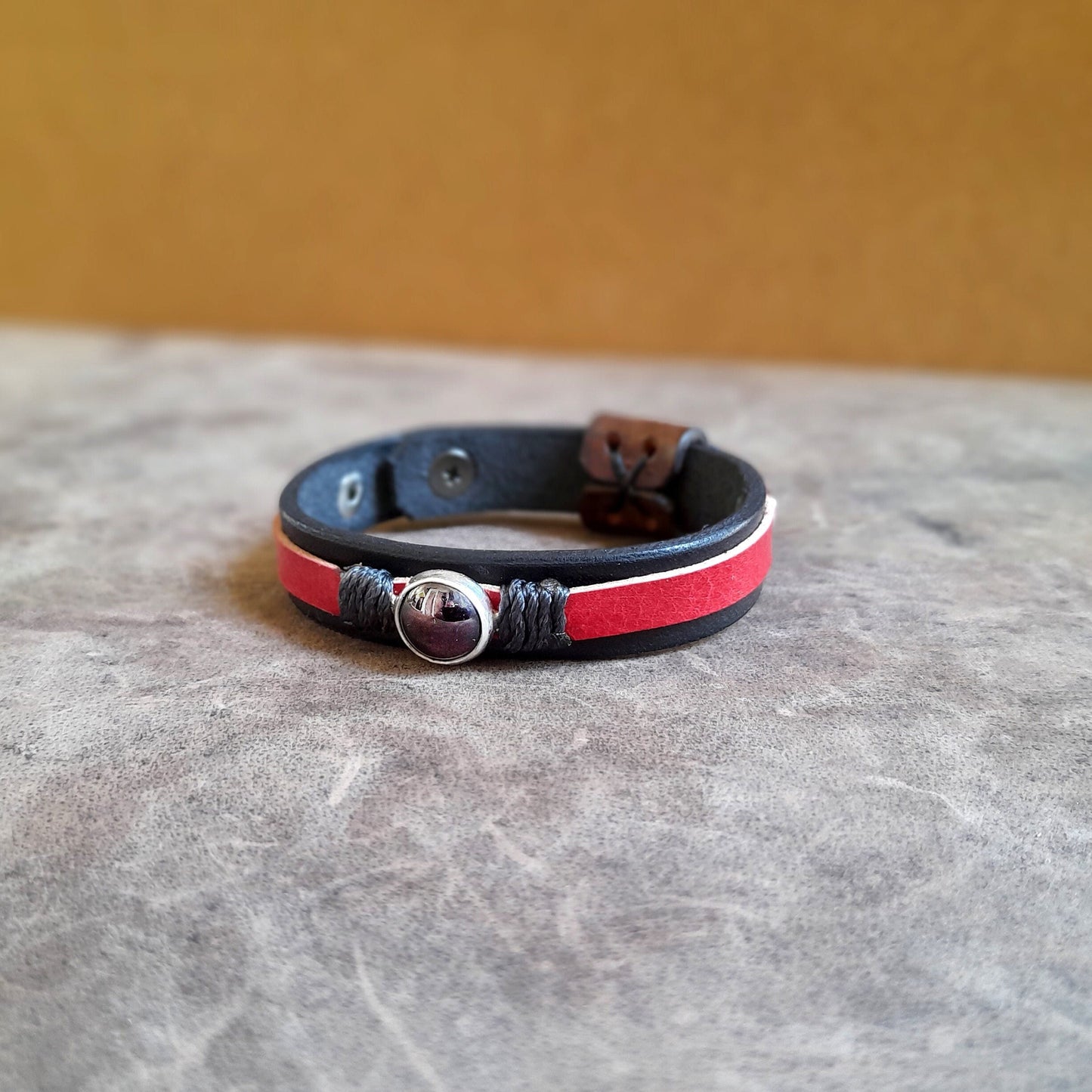 Natural Garnet Minimalist Leather Bracelet, Silver 925