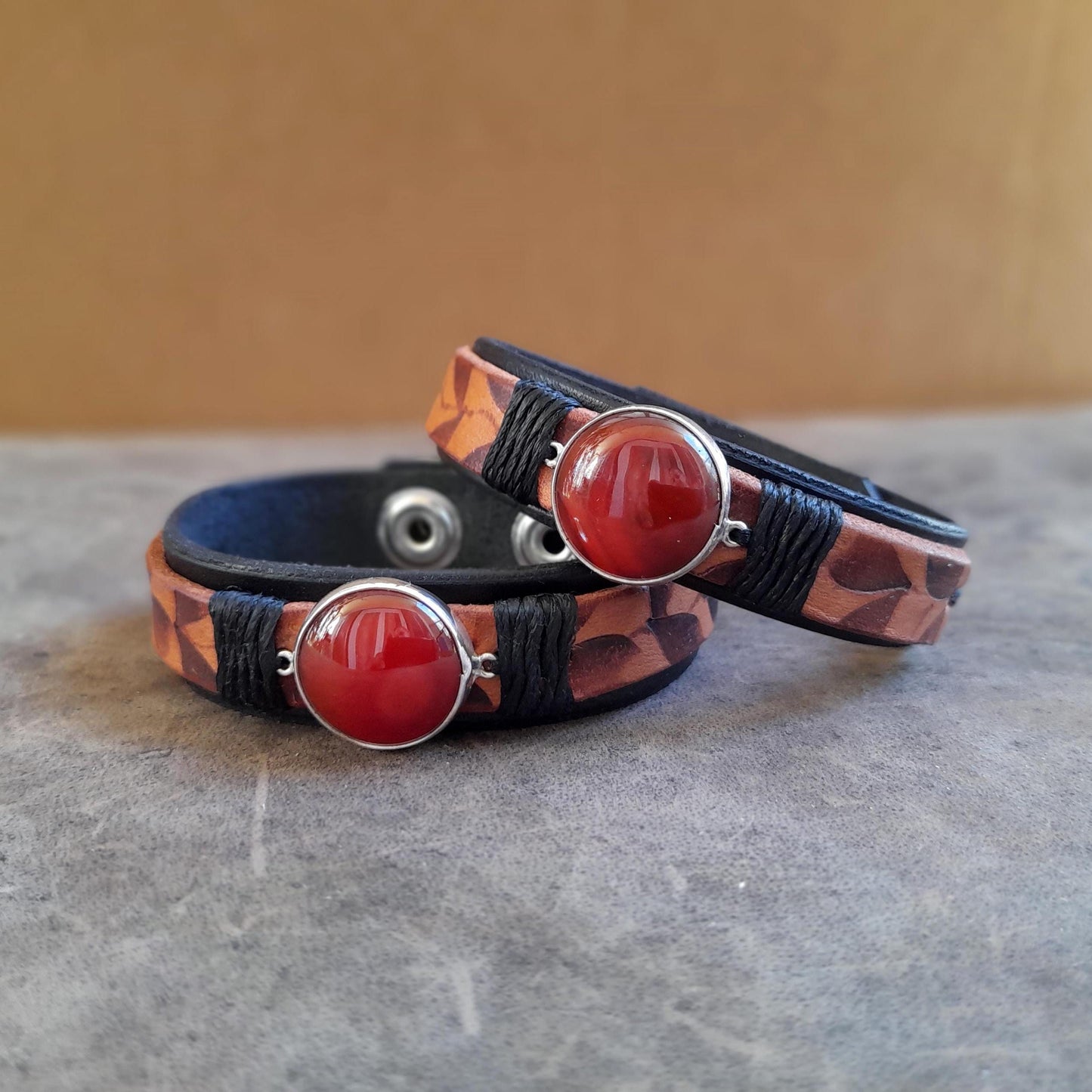 Natural Red Carnelian Leather Cuff Bracelet on Silver 925 Pendant