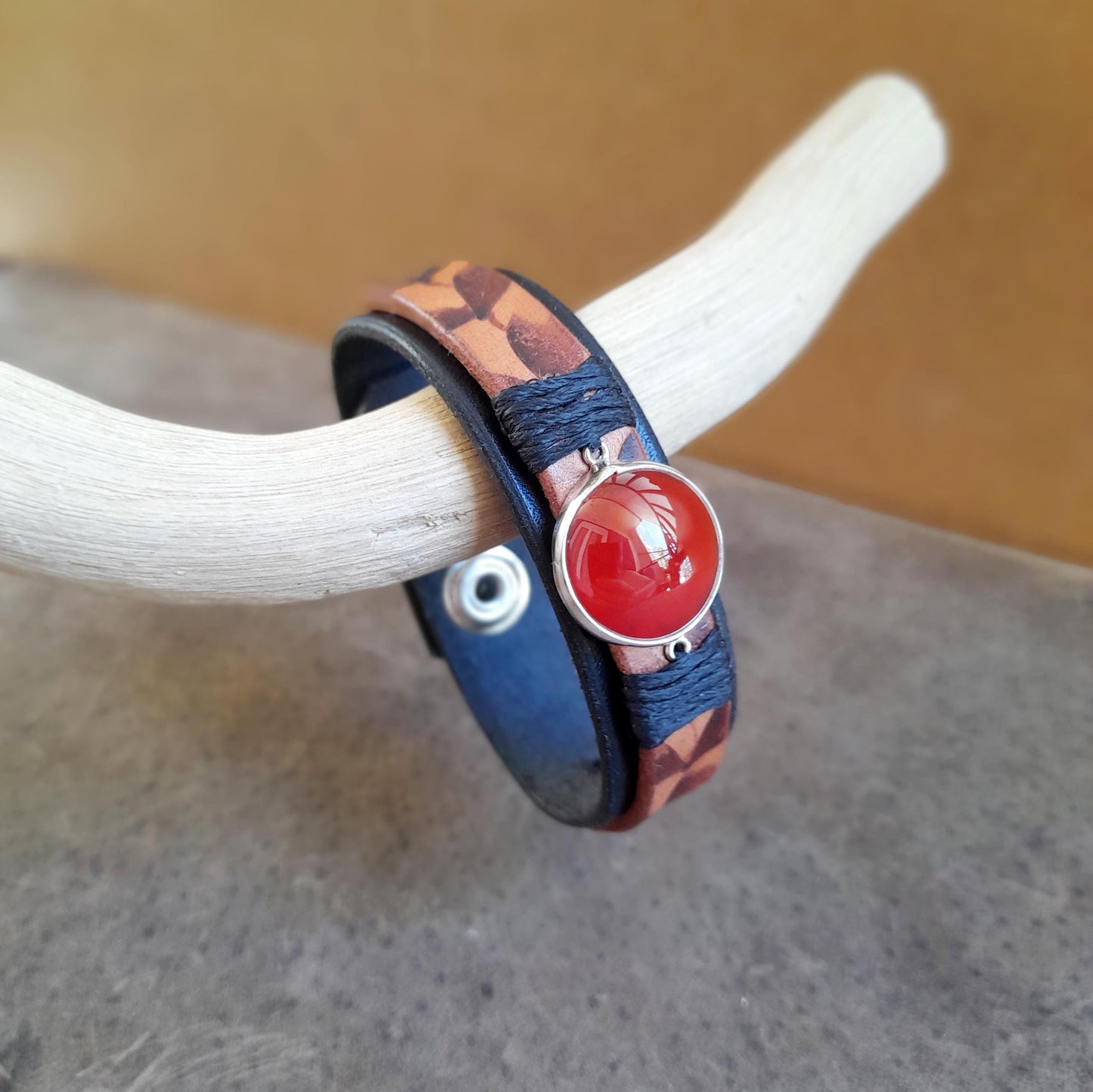 Natural Red Carnelian Leather Cuff Bracelet on Silver 925 Pendant