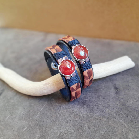 Natural Red Carnelian Leather Cuff Bracelet on Silver 925 Pendant