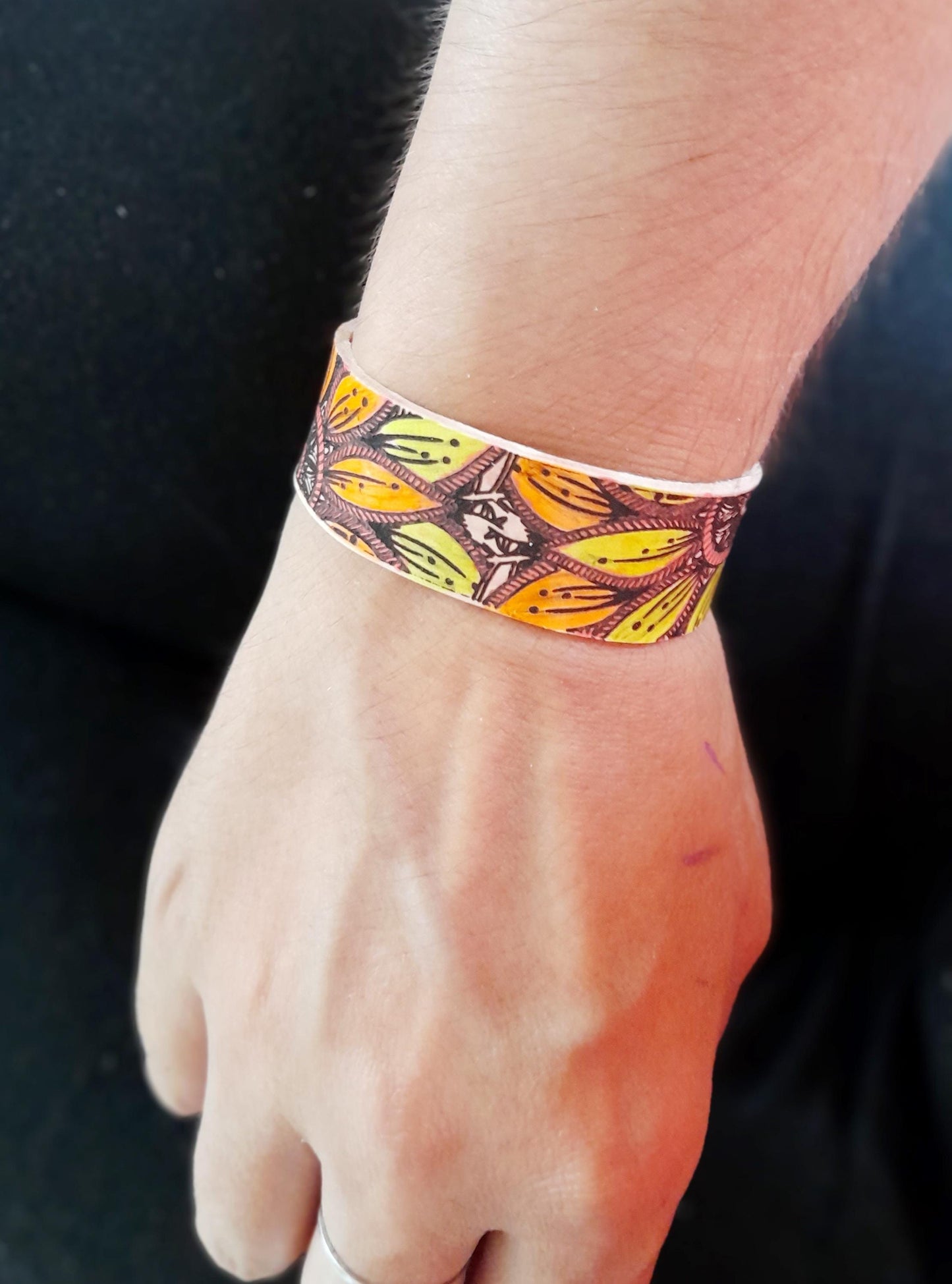 Hand Painted Yellow Orange Mandala Flower Bracelet