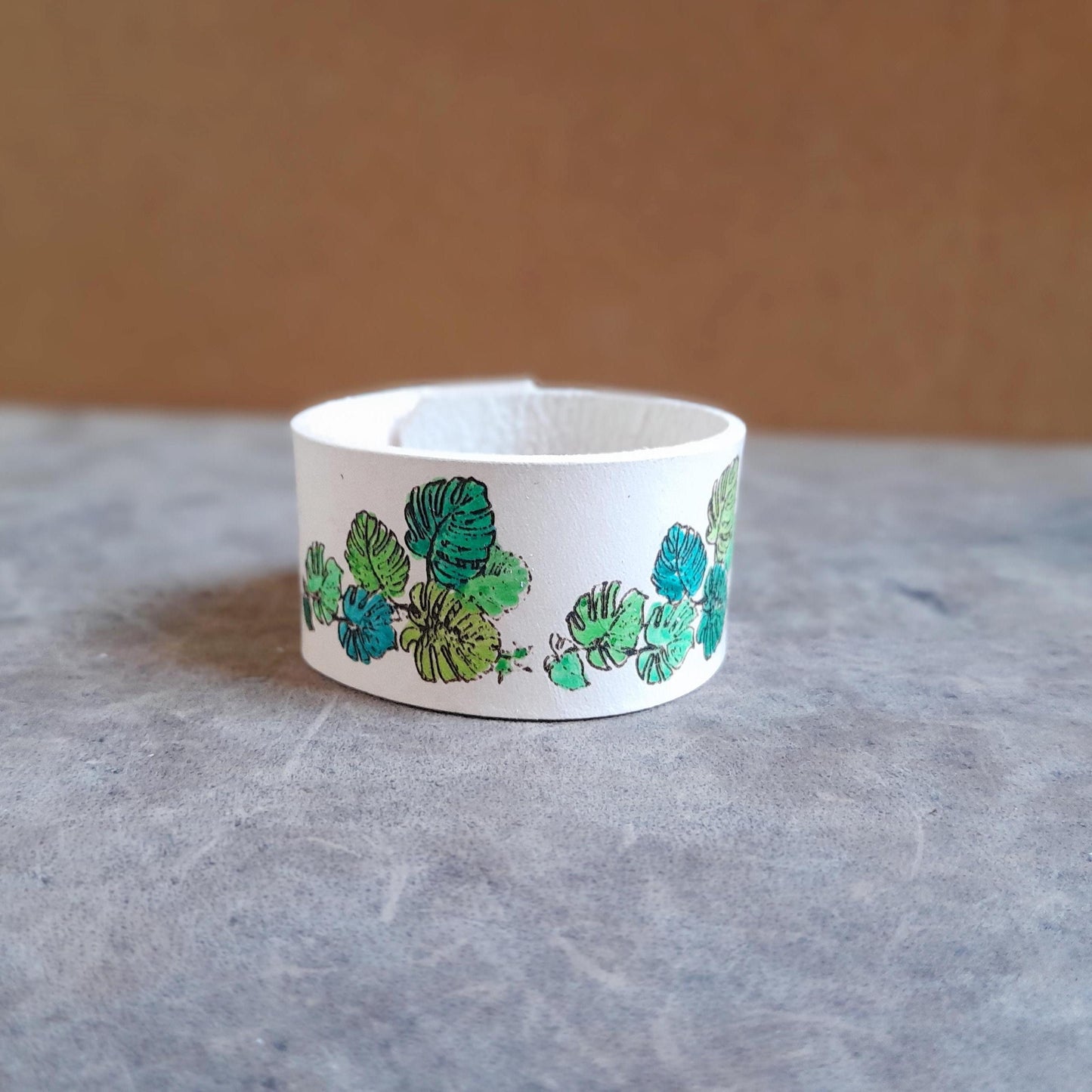 Hand Painted Monstera Leather Cuff Bracelet