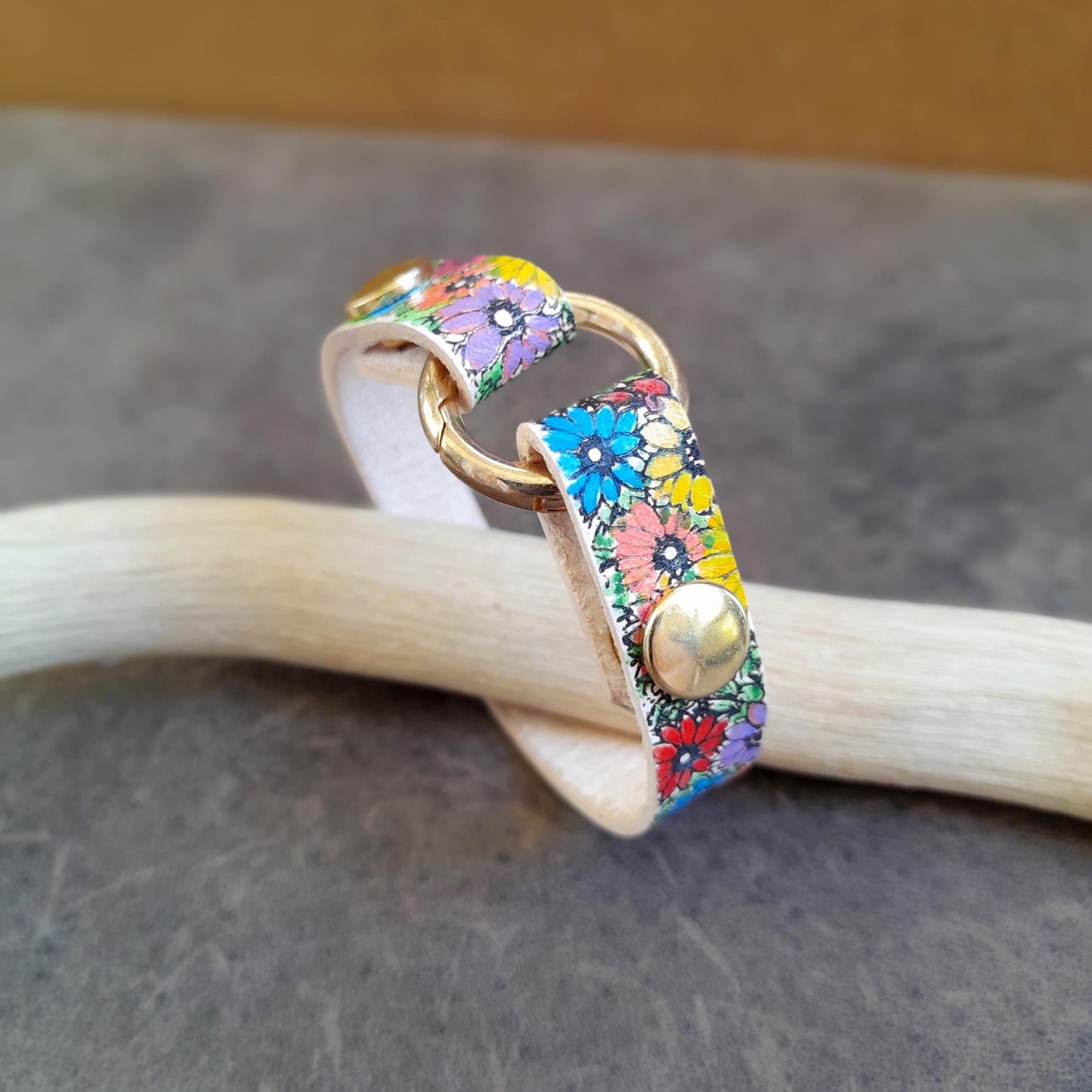 Colorful Hand Painted Floral Ring Holder Leather Bracelet