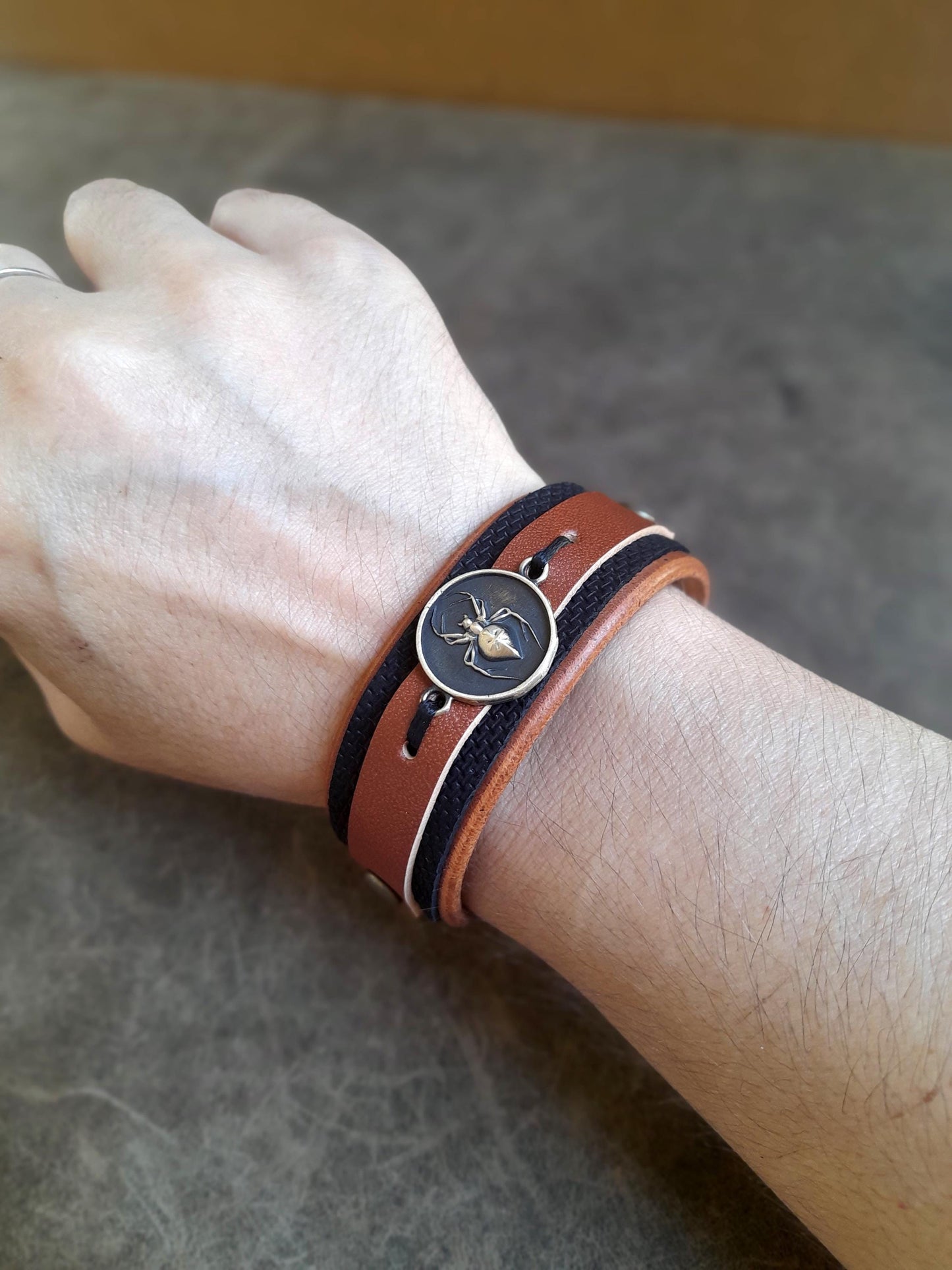 Crossed Spider Leather Cuff Bracelet