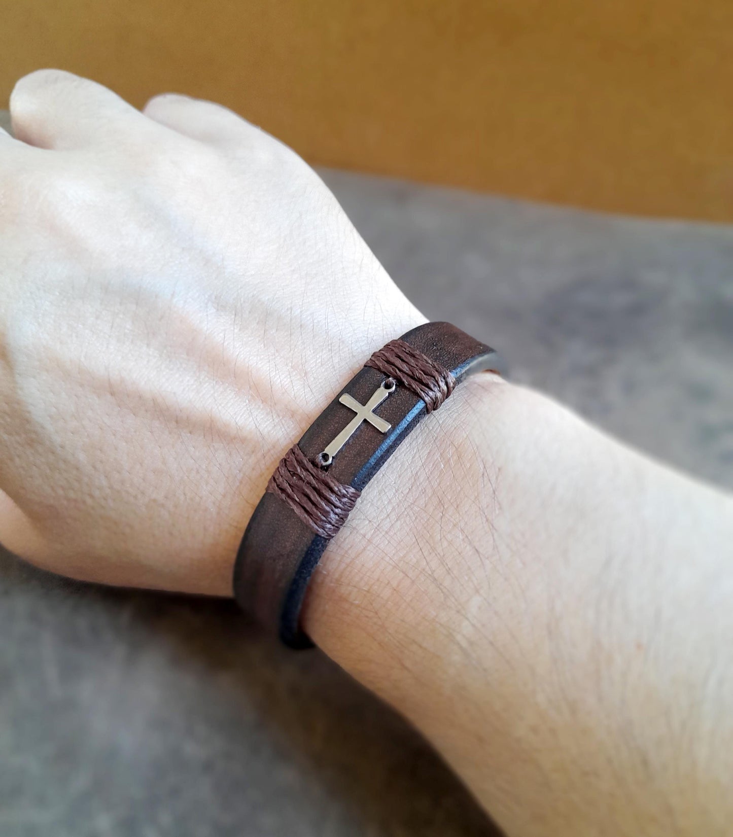 Minimalist Silver Cross Leather Bracelet