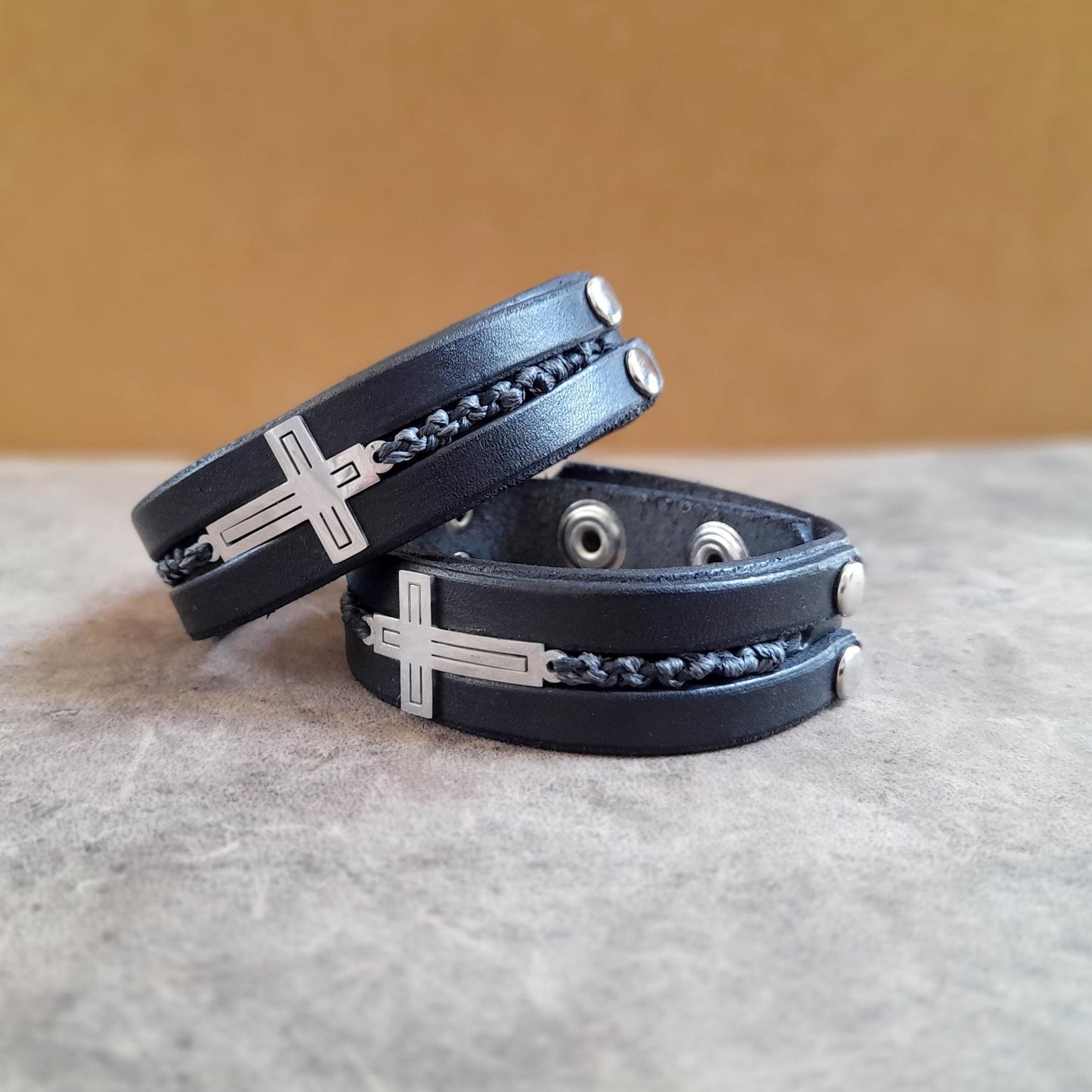 Black Leather Bracelet with Silver Stainless Steel Cross and Woven Cord