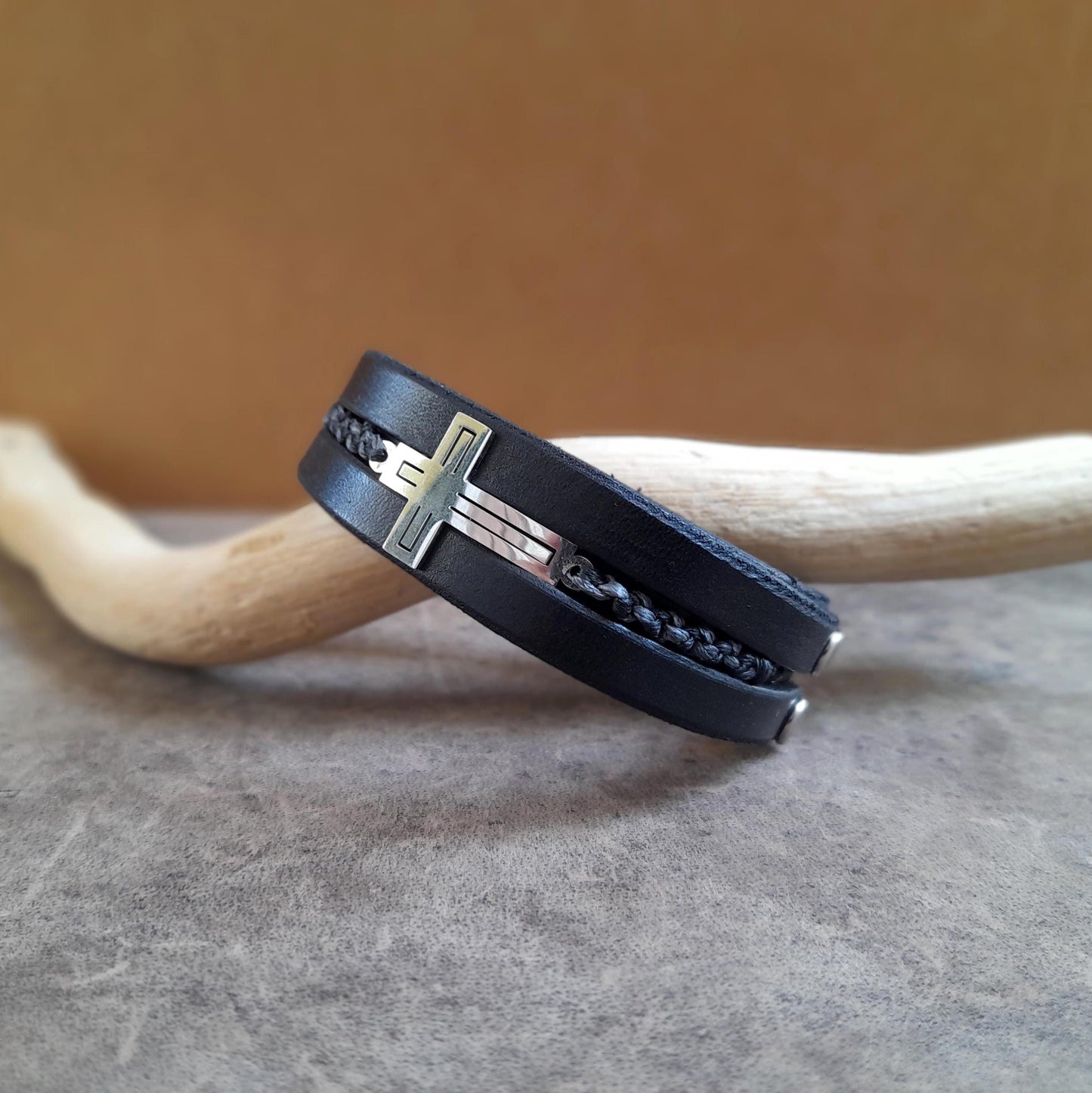 Black Leather Bracelet with Silver Stainless Steel Cross and Woven Cord