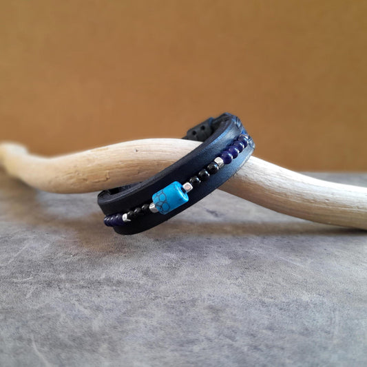 All Black Leather Bracelet for Men with Semi Precious Beads