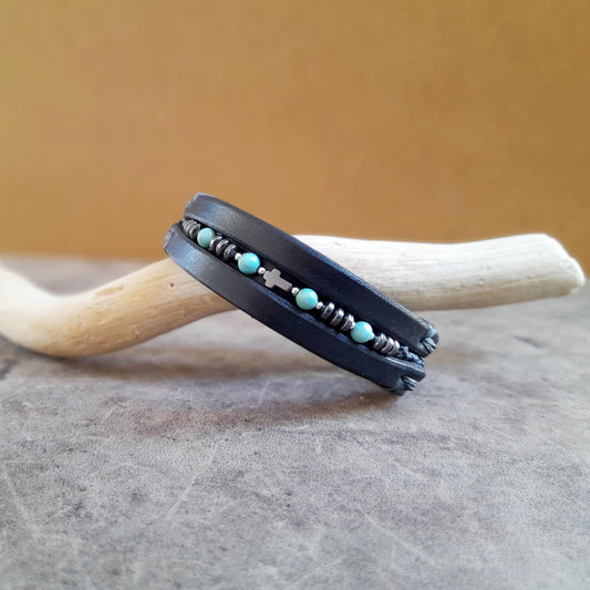 All Black Leather Bracelet for Men with Hematite and Natural Turquoise Beads