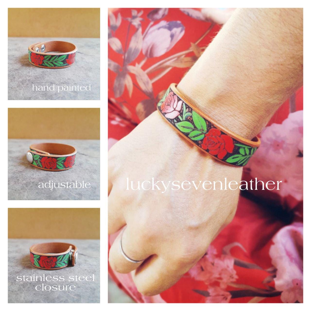 Hand Painted Red Rose Vine Leather Cuff Bracelet