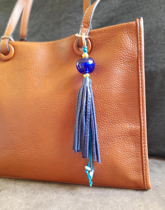 Blue Leather Tassel Bag Charm