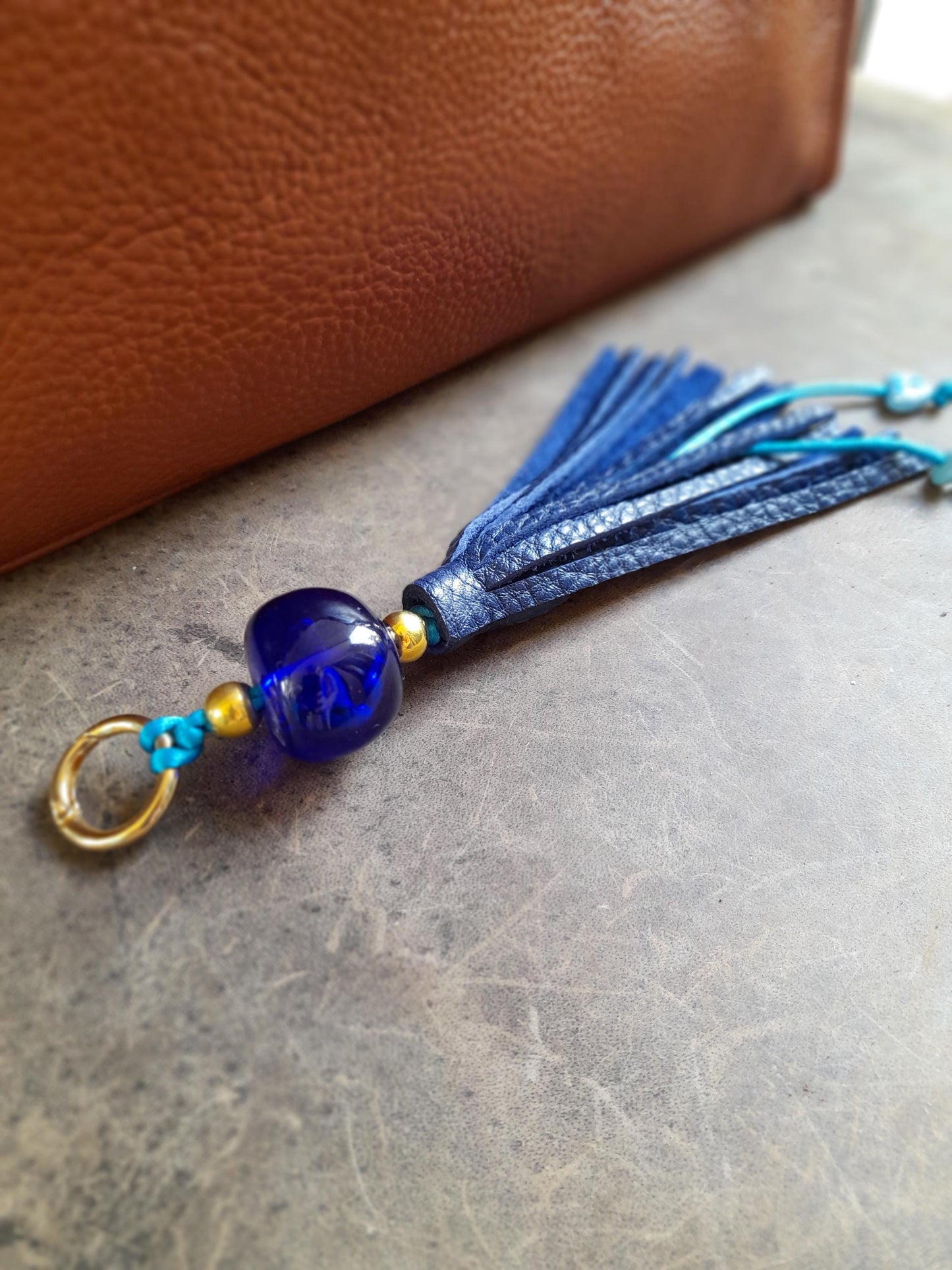 Blue Leather Tassel Bag Charm