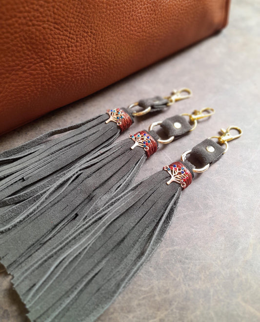 Tree of Life Bag Charm with long green suede tassel