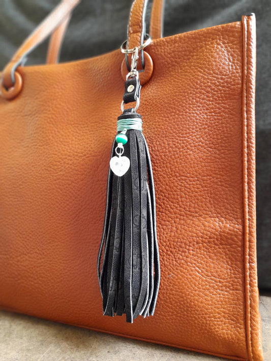 Black Leather Tassel Bag Charm with Moonstone Heart Pendan