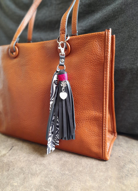 Black Leather Tassel Bag Charm with Four Leaf Clover and Moonstone Heart Pendant