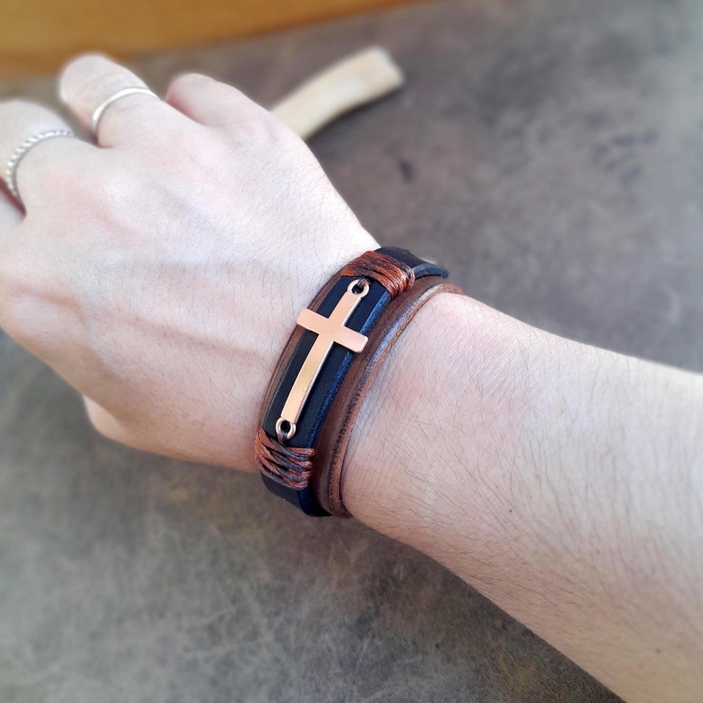 Unisex Rose Gold Cross Leather Bracelet with Bible Verse/Custom Message