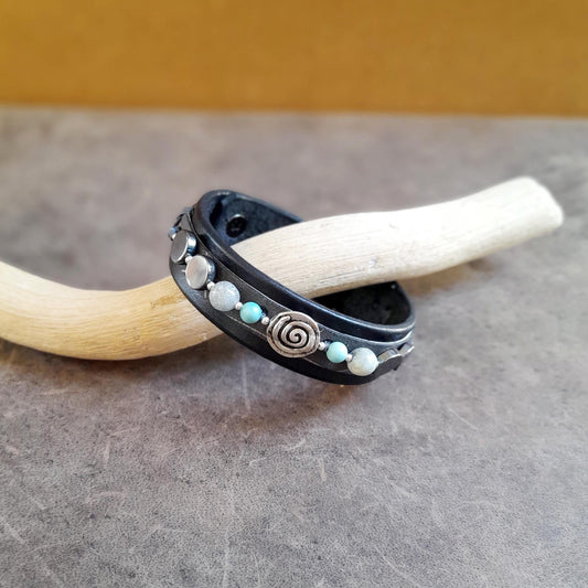 Unisex Black Leather Bracelet with Silver Spiral and Hematite