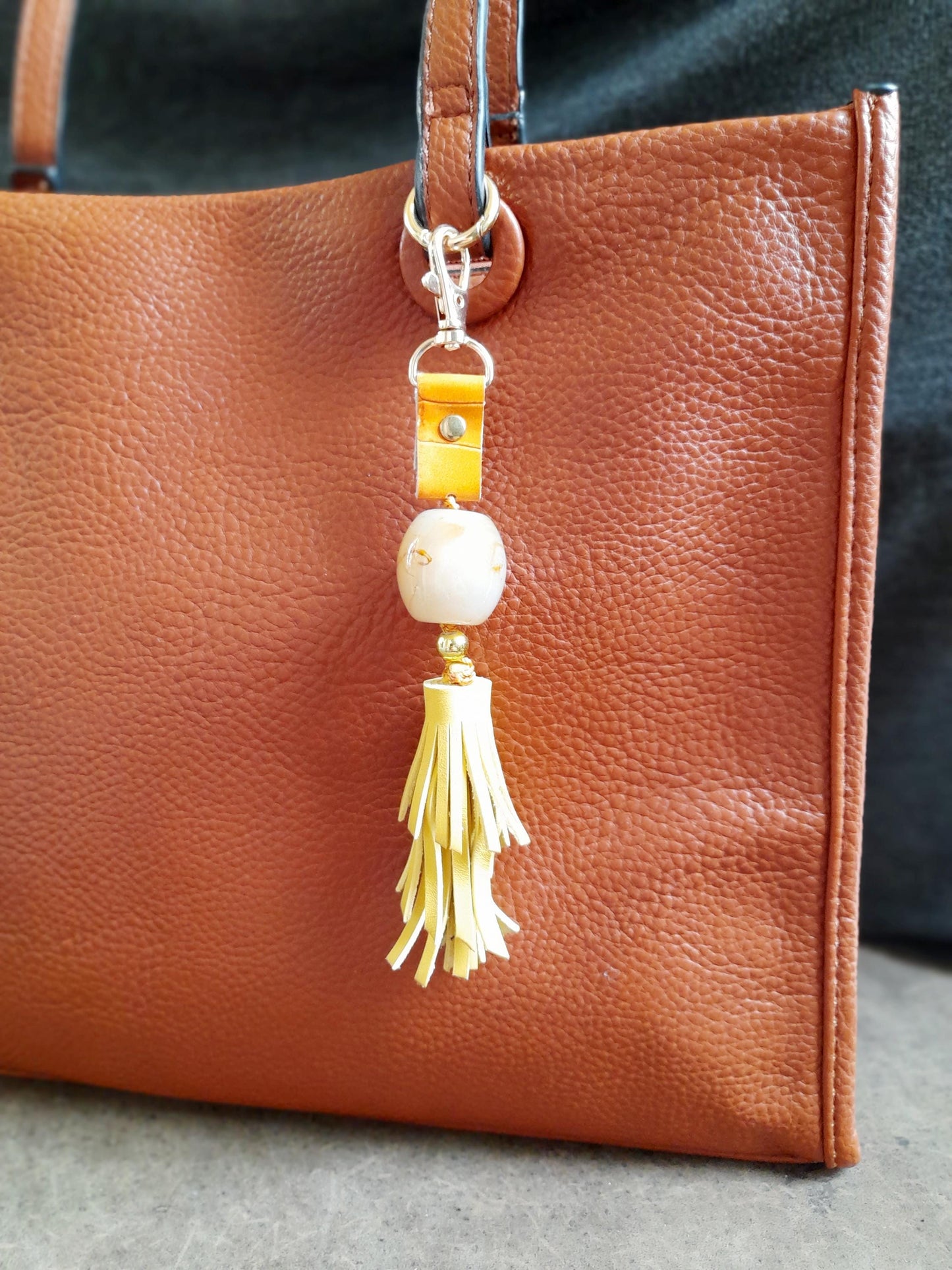 Handmade Leather Tassel Keychain, Yellow/Black