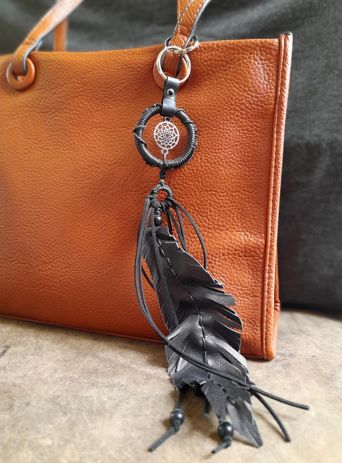 Long Leather Feather Bag Charm with Black Fringe and Silver Dreamcatcher