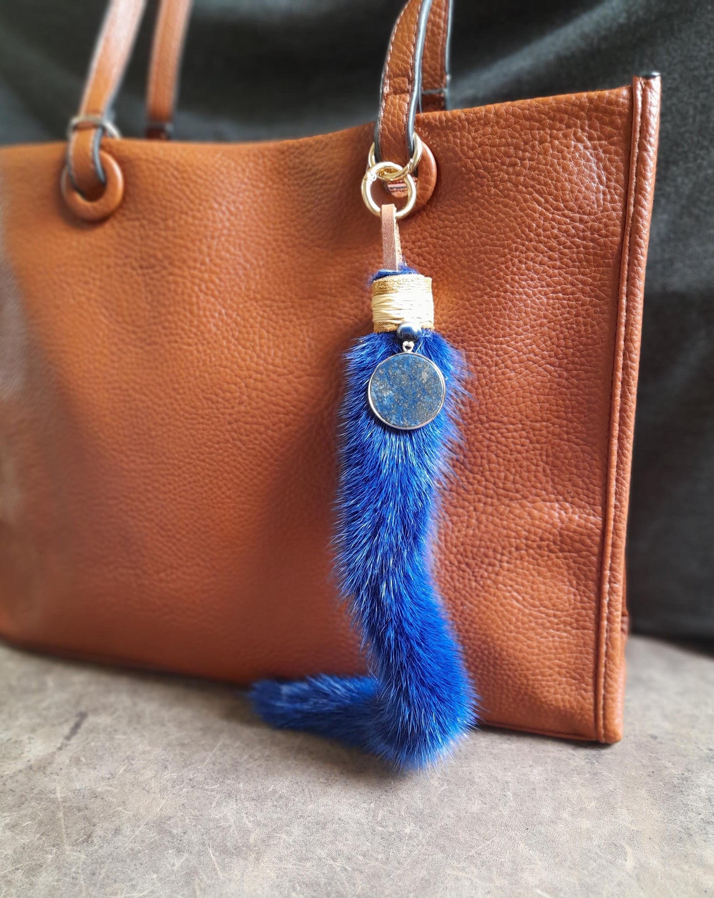 Mink Tail Bag Charm with Gemstone Pendant, Yellow or Blue