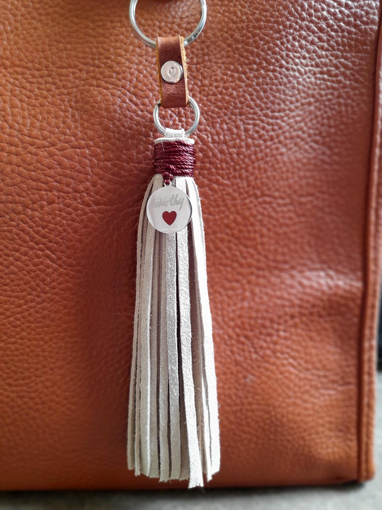 Beige Leather Tassel Bag Charm with Worthy Silver Charm