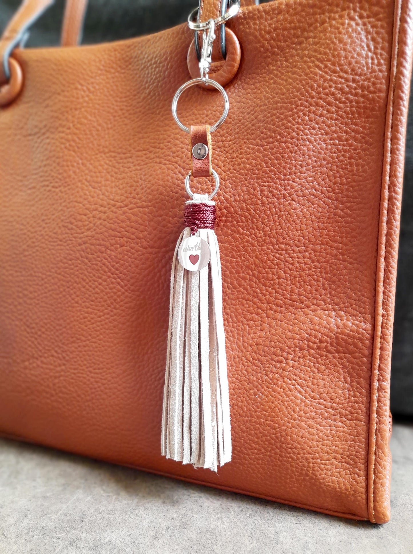 Beige Leather Tassel Bag Charm with Worthy Silver Charm