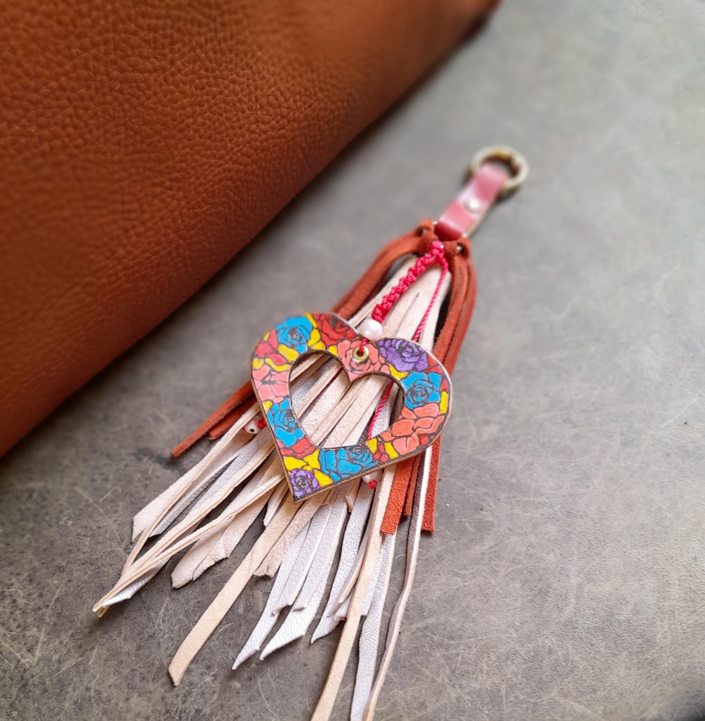 Hand Painted Floral Leather Heart Bag Charm with Pink Suede Tassel