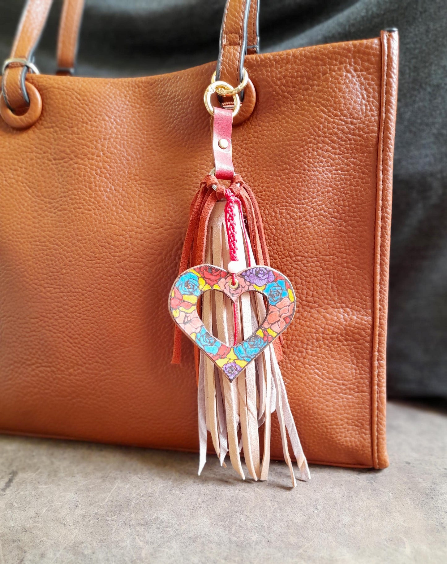 Hand Painted Floral Leather Heart Bag Charm with Pink Suede Tassel