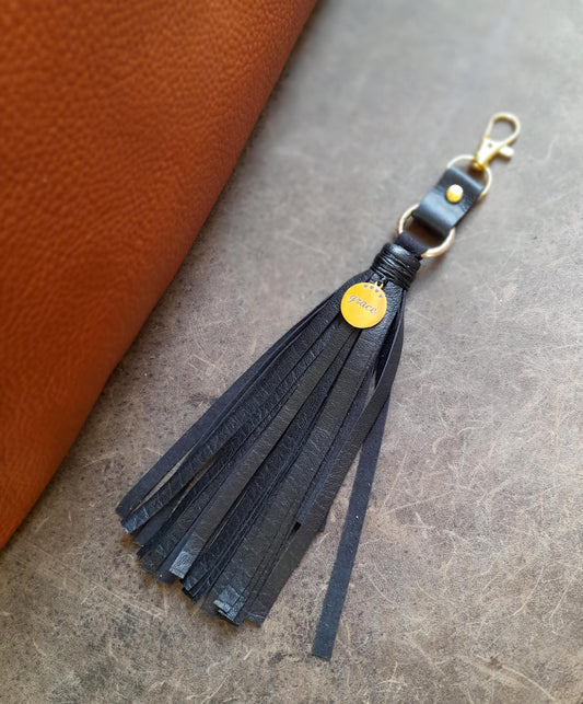 Leather Tassel Bag Charm with Gold Grace Pendant, Brown/Black