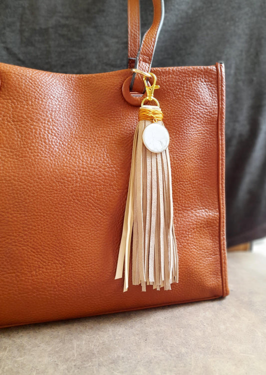 Beige Leather Tassel Bag Charm with large Howlite Disc Pendant