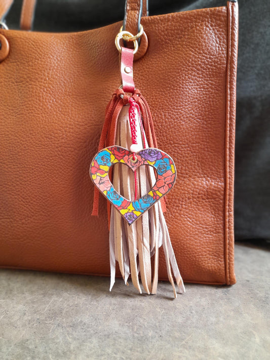 Hand Painted Floral Leather Heart Bag Charm with Pink Suede Tassel