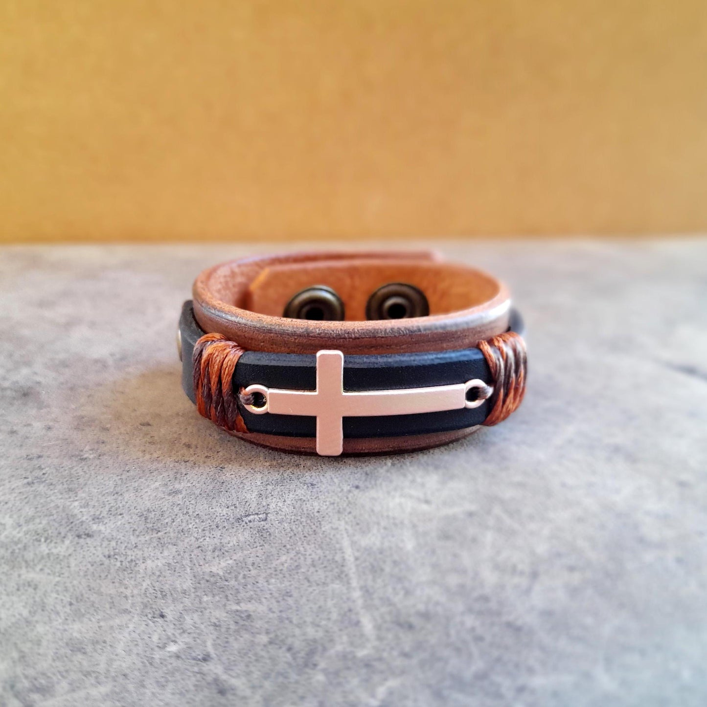 Unisex Rose Gold Cross Leather Bracelet with Bible Verse/Custom Message