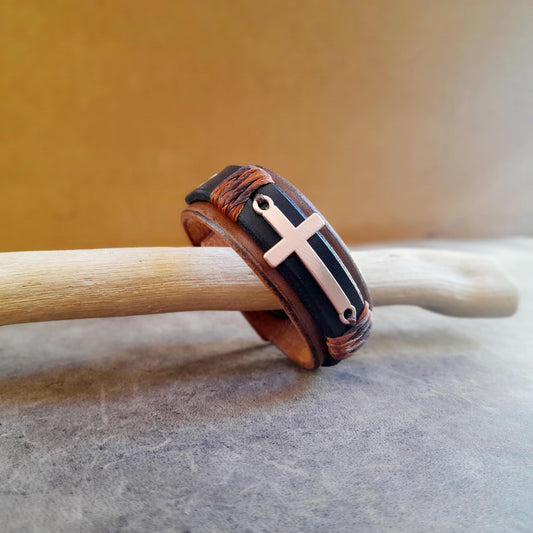 Unisex Rose Gold Cross Leather Bracelet with Bible Verse/Custom Message