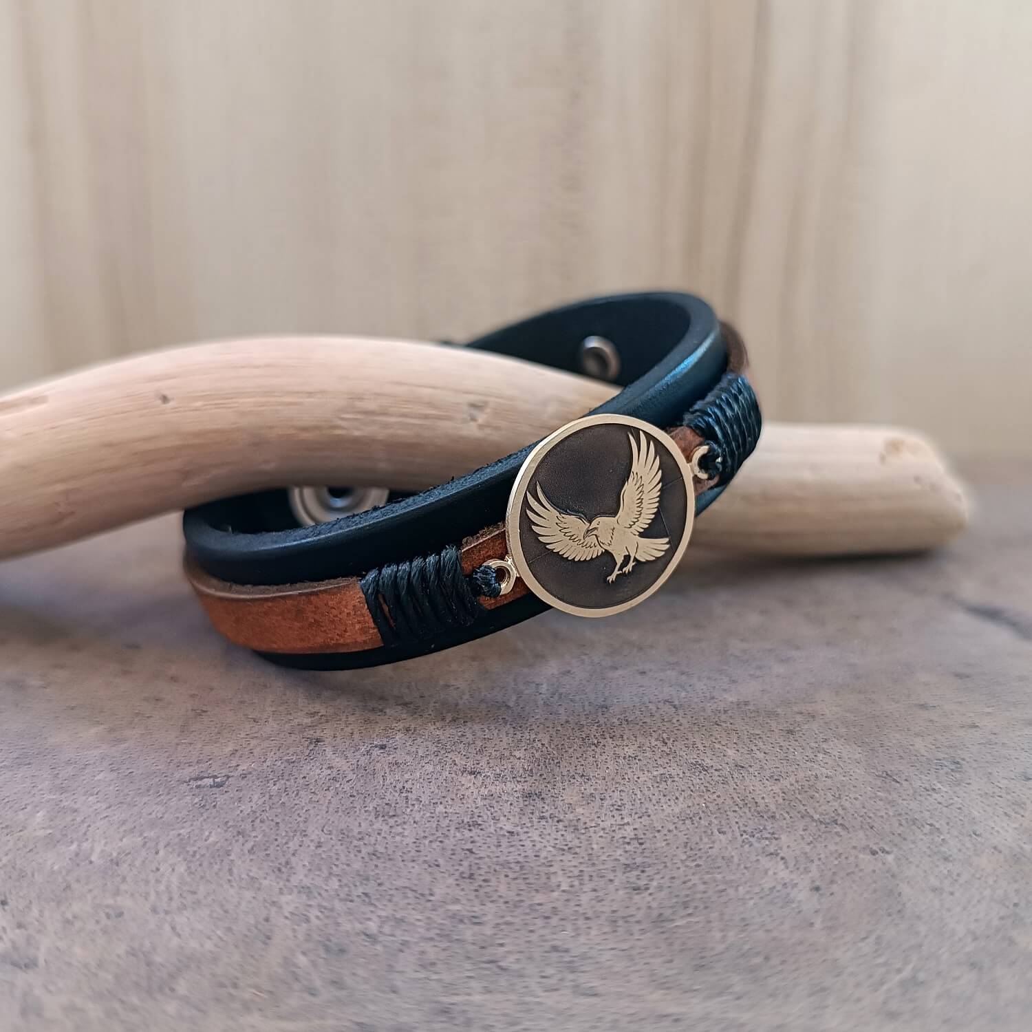 Leather bracelet with Karasuno Crow Pendant sideview