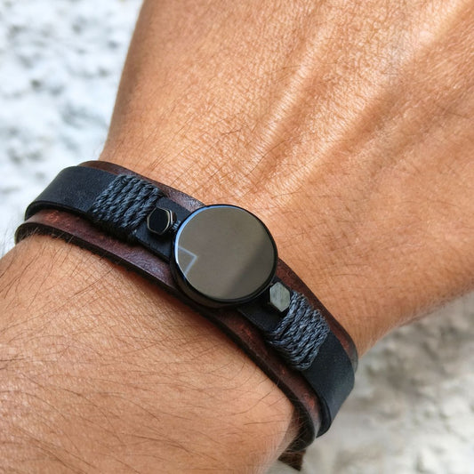 mens black agate leather bracelet worn on wrist