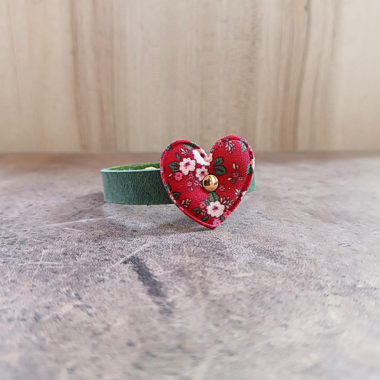 Handmade leather bracelet for girls,  green with red floral fabric heart.