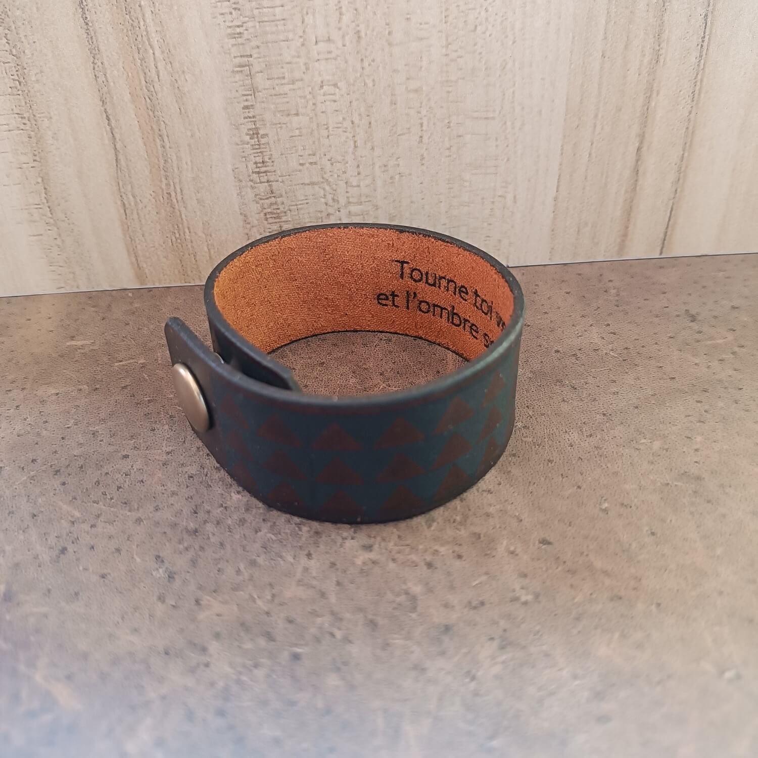 Custom engraved Samoan tribal leather bracelet for men and women, showcasing underside area