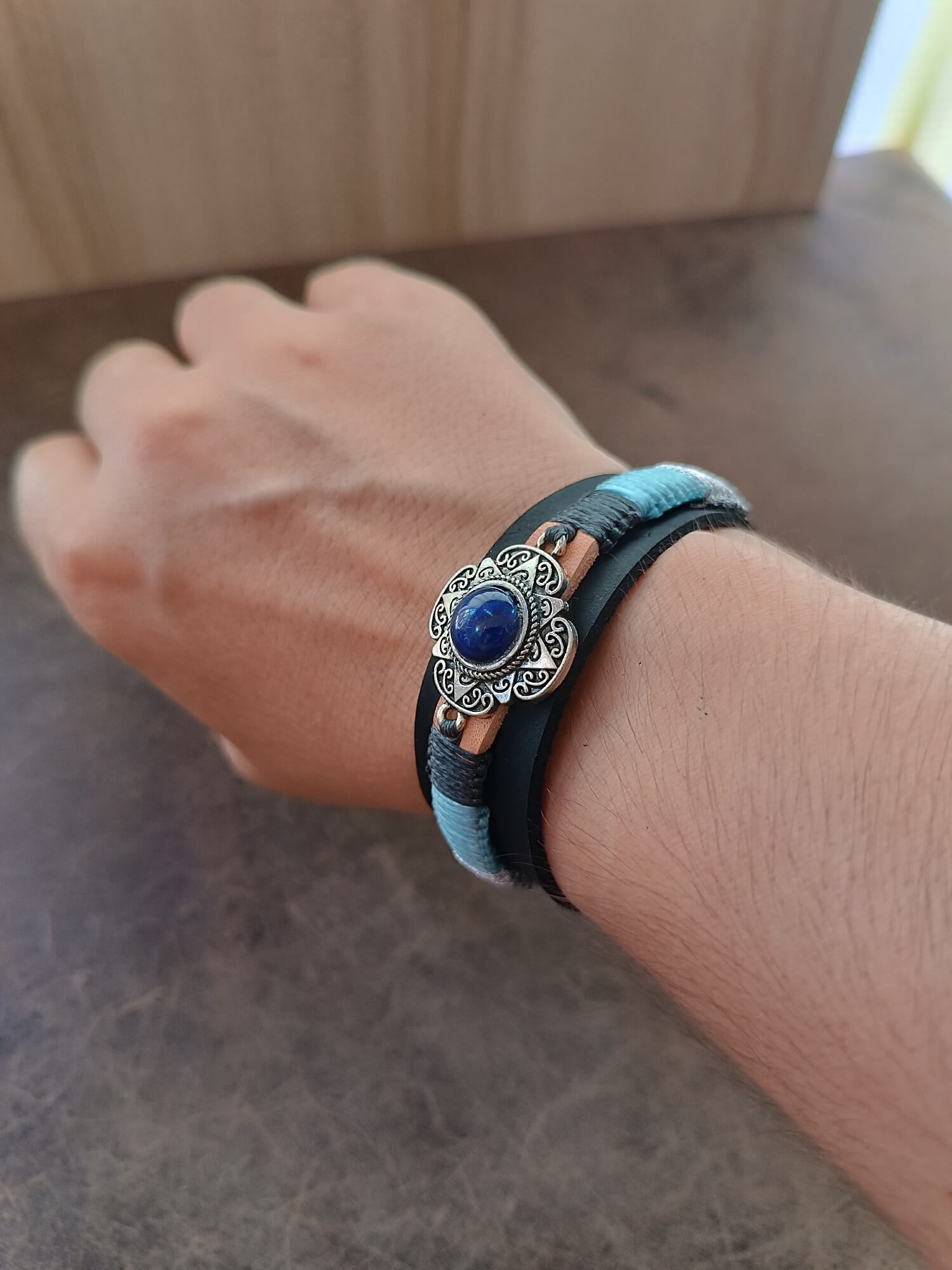 OOAK Boho-Luxe Lapis Lazuli Cuff Bracelet Worn on Wrist