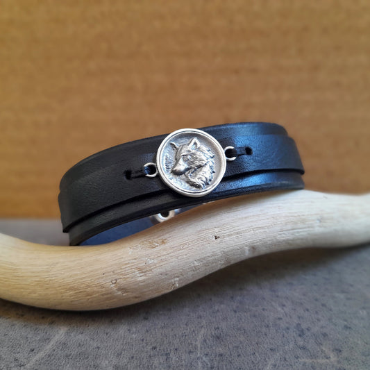 All black White Wolf leather bracelet with oxidized brass wolf pendant
