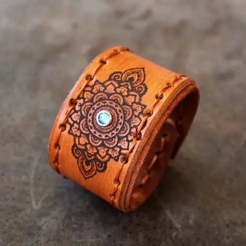 Mandala Leather Cuff with Suede - LuckySevenleather
