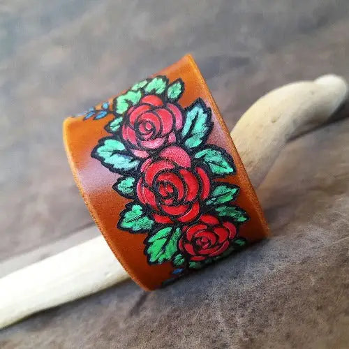 I painted three Rose Tattoo Designs on leather bracelets (and skip the  needle! :) ) : r/Leathercraft